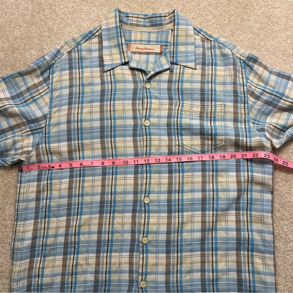 Tommy Bahama Shirt Mens Large Blue Gray Plaid Short Sleeve Button Up 100% Silk - Picture 7 of 10